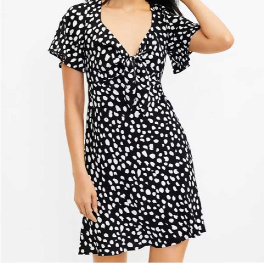 NWT Loft Dotted Tie Front Flare Dress - Size Large Petite